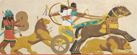 BP5KHF LION HUNT - ASSYRIAN KING ASURBANIPAL IN HIS CARRIAGE KILLS LIONS RELEASED FROM CAGES & HERDED TOWARDS HIM. RELIEF FROM THE