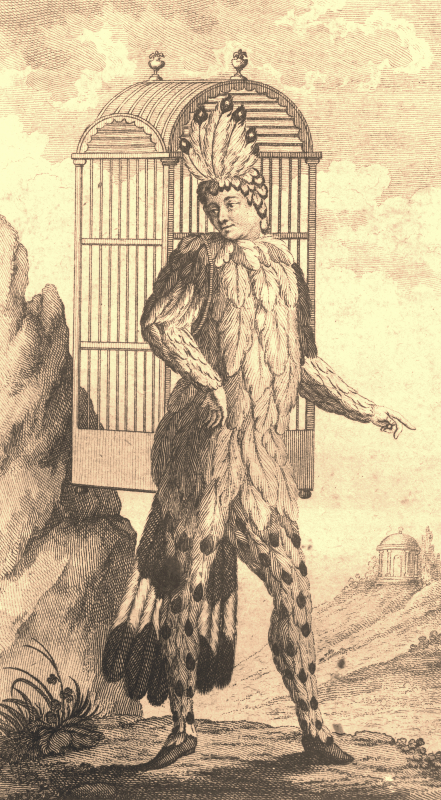 Zauberflöte: Figurine des 'Papageno' (Emanuel Schikaneder) aus der Ausgabe des Textbuches (Wien: Alberti 1791)